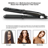 Multi-functional 2-in-1 steam flat iron and curler for straightening, curling, and moisturizing