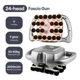 White 22-head fascia gun with black massage balls and orange mounts; specs list 60 kg thrust, 30 mm depth, 33,450 mm² area, 2000 mAh, 14,400 RPM.