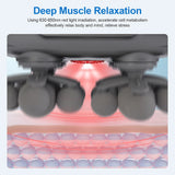 Underside view illustrating 630–650 nm red-light warming used with the 22-head fascia massager to promote deep muscle relaxation.