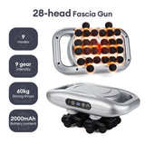 Product card of the 28-head fascia gun in white; shows control panel, 9 modes, 60 kg thrust and 2000 mAh battery capacity.