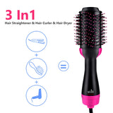Hot air brush combining functions of hair straightener, curler, and dryer in one versatile styling device