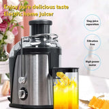 Electric home juicer with callouts for high power motor and filtration free design