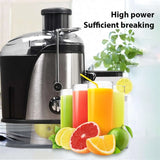Juicer on counter with assorted fruit juices in glasses, stainless and black design