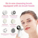 6-in-1 cleansing brush infographic showing all interchangeable brush heads for different skin needs
