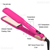 Labeled features of hair straightener including LED display, titanium plates, and swivel cord