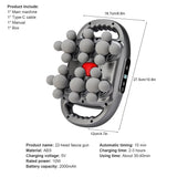 22-head fascia gun dimensions 27.5×16.7×12 cm with Type-C charging, 10W motor, 2000mAh battery, and box contents shown.