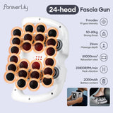 24-head fascia gun massager with 9 modes and 99 intensity levels, strong 50–60 kg thrust, 21 mm massage depth, 85,000 mm² coverage, 2000mAh battery.