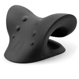 Black neck and shoulder stretcher pillow with curved ergonomic support for spinal therapy