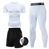 3 Pieces Fitness Suits Athletic Workout Compression Sets for Men Short Sleeve Rash Guard Undershirt Tops Leggings Pants Shorts