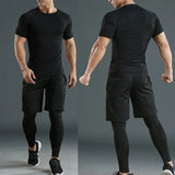 3 Pieces Fitness Suits Athletic Workout Compression Sets for Men Short Sleeve Rash Guard Undershirt Tops Leggings Pants Shorts