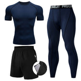 3 Pieces Fitness Suits Athletic Workout Compression Sets for Men Short Sleeve Rash Guard Undershirt Tops Leggings Pants Shorts