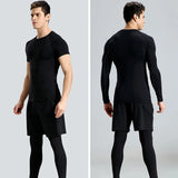 3 Pieces Fitness Suits Athletic Workout Compression Sets for Men Short Sleeve Rash Guard Undershirt Tops Leggings Pants Shorts