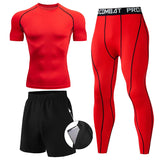 3 Pieces Fitness Suits Athletic Workout Compression Sets for Men Short Sleeve Rash Guard Undershirt Tops Leggings Pants Shorts
