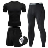 3 Pieces Fitness Suits Athletic Workout Compression Sets for Men Short Sleeve Rash Guard Undershirt Tops Leggings Pants Shorts