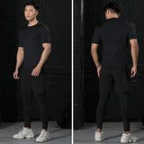 3 Pieces Fitness Suits Athletic Workout Compression Sets for Men Short Sleeve Rash Guard Undershirt Tops Leggings Pants Shorts