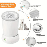 Automatic paw washer cup diagram showing one-button operation, silicone bristles, dual rotation, and easy cleaning for dogs and cats