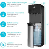Avalon water cooler feature callouts including bottom loading and child safety lock