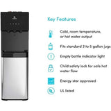 Avalon water cooler key features list including BioGuard, child safety lock, and 3 temperature modes