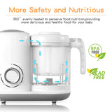 BPA-free, lead-free baby food maker with arrows illustrating 360-degree even heating inside the blending bowl.