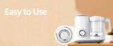“Easy to Use” banner featuring the baby food maker with a close-up of the timer and mode dial.