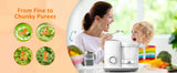 Lifestyle image: parent feeding toddler purees; 4-in-1 baby food maker with fine-to-chunky texture icons.