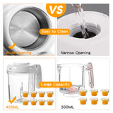 Comparison of wide-opening water tank for easy cleaning and 400 ml blending cup versus a smaller 300 ml cup.
