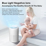 Mother and baby near air purifier with blue light negative ion purification for healthy breathing
