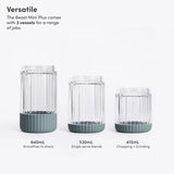 Three Beast Mini Plus Tritan vessels shown: 640 mL for smoothies, 530 mL single-serve, 415 mL for chopping and grinding