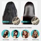 Before and after results using MADAMI 500°F flat iron showing frizzy to sleek hair transformation