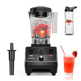 BioloMix 2200W professional blender with 2L jar, tamper tool, to-go bottle, and strawberry smoothie on a white background