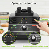 Closeup of BioloMix blender controls showing variable speed, timer presets, and pulse switch