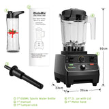 BioloMix 2200W blender package contents showing 2L jar with lid, motor base, tamper stick, 600ml sports bottle, and user manual with dimensions 50cm x 23cm x 20cm