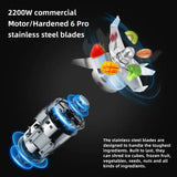 Graphic of 2200W motor with hardened six stainless steel blades for crushing ice and frozen fruit