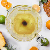 Top view of 2L blender jar showing vortex while blending fruit smoothie