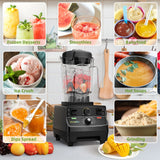 Collage showing blender uses for smoothies, frozen desserts, baby food, hot soups, dips, and grinding