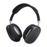 Glossy black over-ear Bluetooth headphones with physical control buttons and padded headband