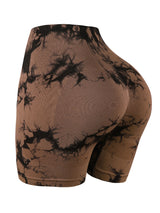 brown tie-dye seamless high-waist shorts for women with compression fit and sculpting butt-lift style.