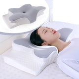 Orthopedic butterfly-shaped memory foam pillow supporting woman's neck while sleeping on back