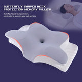 Butterfly-shaped neck support pillow displayed on purple background