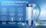 Feature icons for hydrogen-rich water bottle: ozone-free, chlorine separation, H2/O2 separation