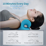 Daily cervical spine repair guide with woman using neck traction device in supine position