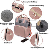 Close-ups of diaper backpack features: waterproof fabric, smooth zippers, USB charging port, tissue and bottle pockets.