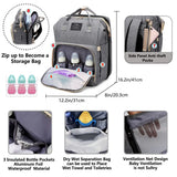 Gray diaper backpack 16.2×12.2×8 in with three insulated bottle sleeves, dry/wet section, and anti-theft side pocket.