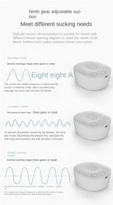 Infographic of massage, lactation, and normal modes with nine adjustable suction levels