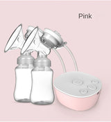 Pink double electric breast pump with two bottles and USB control base on pastel background