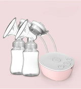 Double electric breast pump with two bottles and USB control base, pink variant, front view