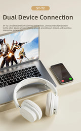SY-T2 wireless headphones seamlessly switching between laptop gaming and phone call with dual device support