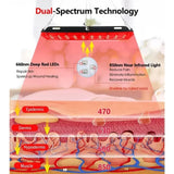 Dual-spectrum red and infrared therapy diagram showing LED light effect on epidermis, dermis, hypodermis, and muscle tissue