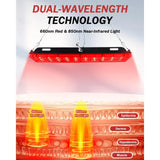 Diagram of 660nm red light and 850nm near-infrared light penetrating skin layers to improve muscle and dermis health