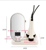Mini RF & EMS skin tightening machine dimensions 22×14 cm with labeled controls and dual treatment handles.